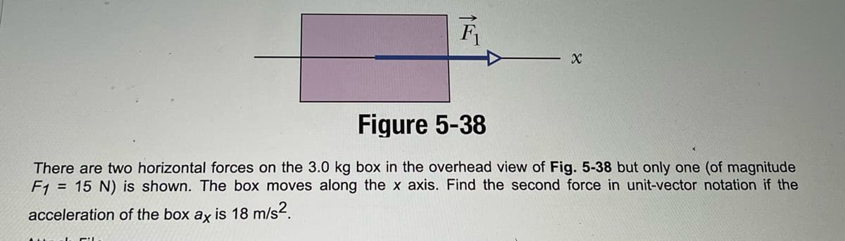 F
Fil
X
Figure 5-38
There are two horizontal forces on the 3.0 kg box in the overhead view of Fig. 5-38 but only one (of magnitude
F1 = 15 N) is shown. The box moves along the x axis. Find the second force in unit-vector notation if the
acceleration of the box ax is 18 m/s².