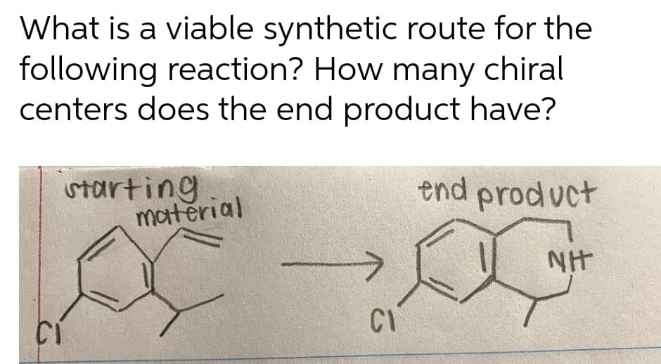What is a viable synthetic route for the
following reaction? How many chiral
centers does the end product have?
starting
material
Ci
CI
end product
I
NH