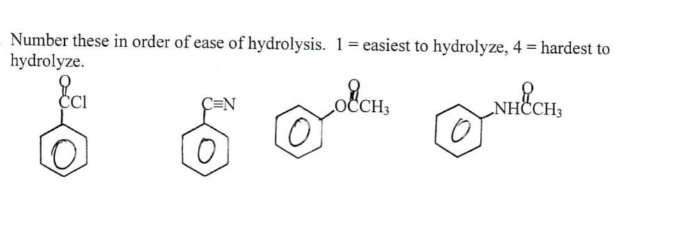 Number these in order of ease of hydrolysis. 1 = easiest to hydrolyze, 4 = hardest to
hydrolyze.
EC₁
OUCH,
NHECH,
C=N
O
0