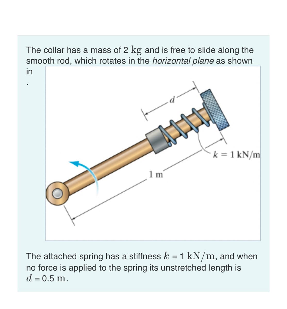 The collar has a mass of 2 kg and is free to slide along the
smooth rod, which rotates in the horizontal plane as shown
in
1 m
k = 1 kN/m
The attached spring has a stiffness k = 1 kN/m, and when
no force is applied to the spring its unstretched length is
d = 0.5 m.