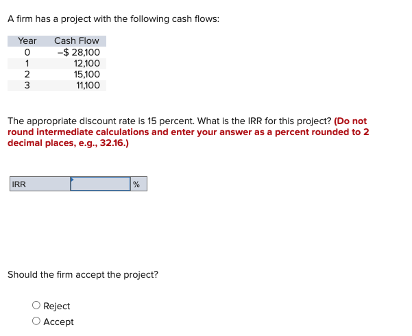 A firm has a project with the following cash flows:
Year
Cash Flow
0
-$ 28,100
1
12,100
2
15,100
3
11,100
The appropriate discount rate is 15 percent. What is the IRR for this project? (Do not
round intermediate calculations and enter your answer as a percent rounded to 2
decimal places, e.g., 32.16.)
IRR
%
Should the firm accept the project?
Reject
Accept