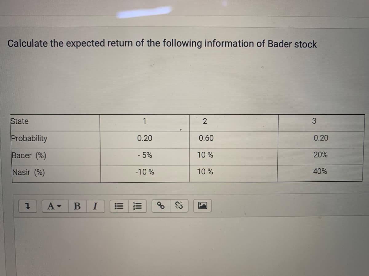 Calculate the expected return of the following information of Bader stock
State
1
3
Probability
0.20
0.60
0.20
Bader (%)
- 5%
10 %
20%
Nasir (%)
-10 %
10 %
40%
A
I
!!!
