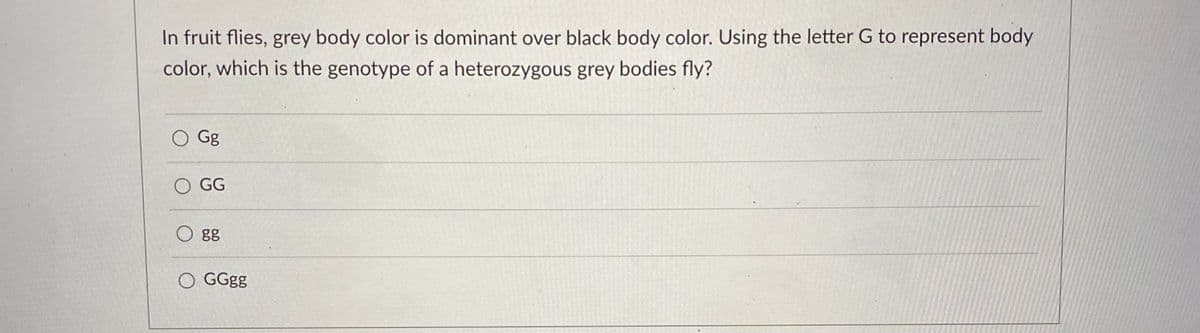 In fruit flies, grey body color is dominant over black body color. Using the letter G to represent body
color, which is the genotype of a heterozygous grey bodies fly?
O Gg
O GG
O gg
O GGgg
