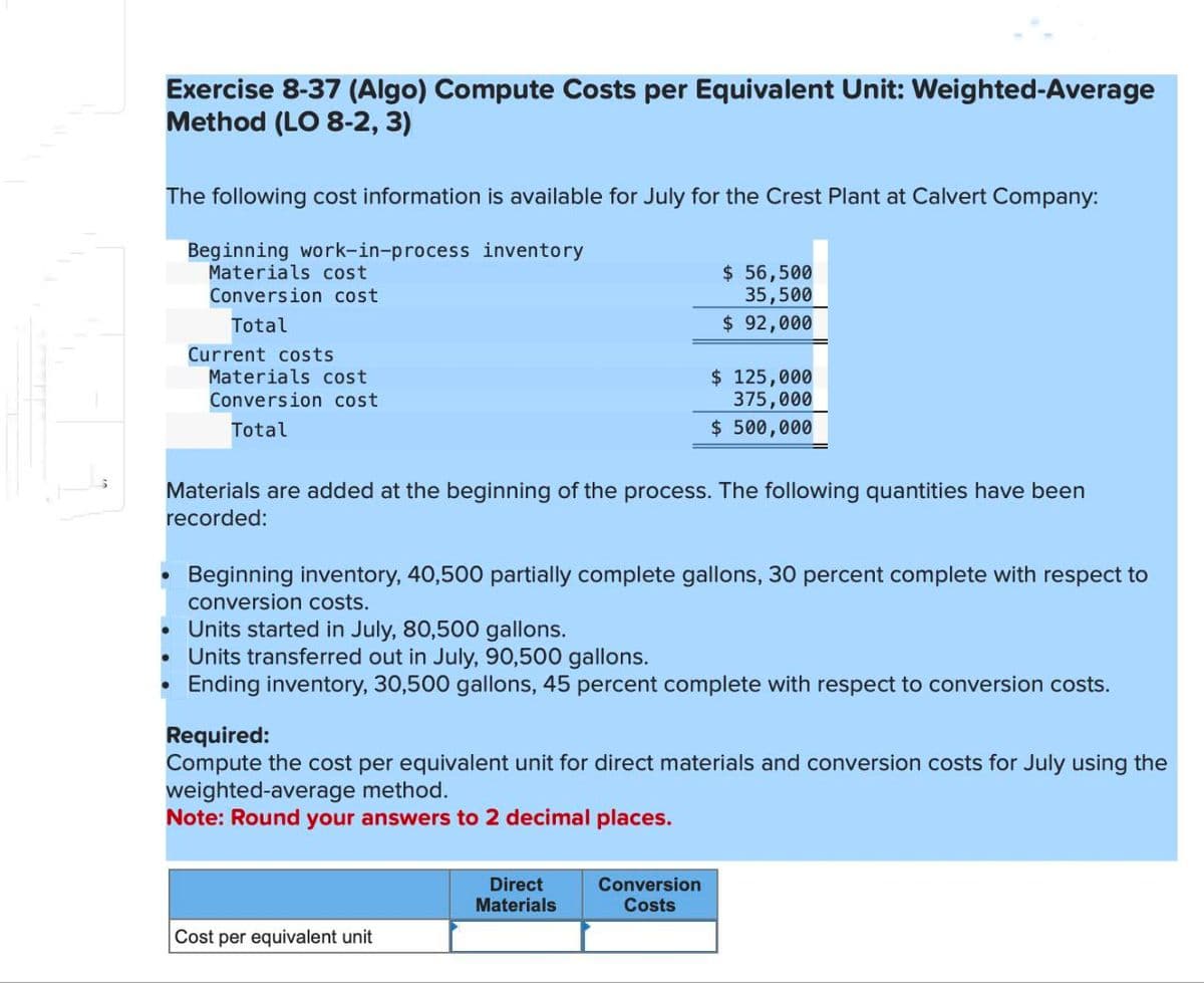 Exercise 8-37 (Algo) Compute Costs per Equivalent Unit: Weighted-Average
Method (LO 8-2, 3)
The following cost information is available for July for the Crest Plant at Calvert Company:
Beginning work-in-process inventory
Materials cost
Conversion cost
Total
Current costs
Materials cost
Conversion cost
Total
Materials are added at the beginning of the process. The following quantities have been
recorded:
$ 56,500
35,500
$92,000
Beginning inventory, 40,500 partially complete gallons, 30 percent complete with respect to
conversion costs.
$ 125,000
375,000
$500,000
Units started in July, 80,500 gallons.
Units transferred out in July, 90,500 gallons.
Ending inventory, 30,500 gallons, 45 percent complete with respect to conversion costs.
Cost per equivalent unit
Required:
Compute the cost per equivalent unit for direct materials and conversion costs for July using the
weighted-average method.
Note: Round your answers to 2 decimal places.
Direct
Materials
Conversion
Costs