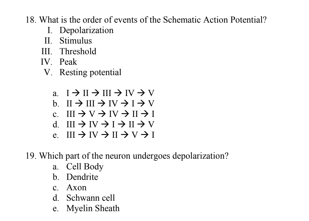18. What is the order of events of the Schematic Action Potential?
I. Depolarization
II. Stimulus
III. Threshold
IV. Peak
V. Resting potential
a. I ⇒ II ⇒ III → IV → V
b. II → III → IV → I⇒ V
c. III → V → IV ➜ II ⇒ I
III → IV ⇒I → II → V
III IV → II⇒V ⇒ I
d.
e.
19. Which part of the neuron undergoes depolarization?
a. Cell Body
b. Dendrite
c. Axon
d. Schwann cell
e. Myelin Sheath