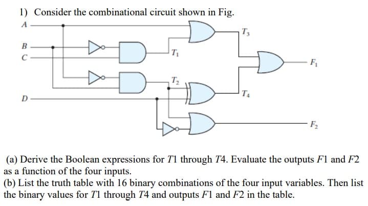 1) Consider the combinational circuit shown in Fig.
A
T3
B
T
F1
T4
D
F2
(a) Derive the Boolean expressions for T1 through T4. Evaluate the outputs F1 and F2
as a function of the four inputs.
(b) List the truth table with 16 binary combinations of the four input variables. Then list
the binary values for T1 through T4 and outputs F1 and F2 in the table.
