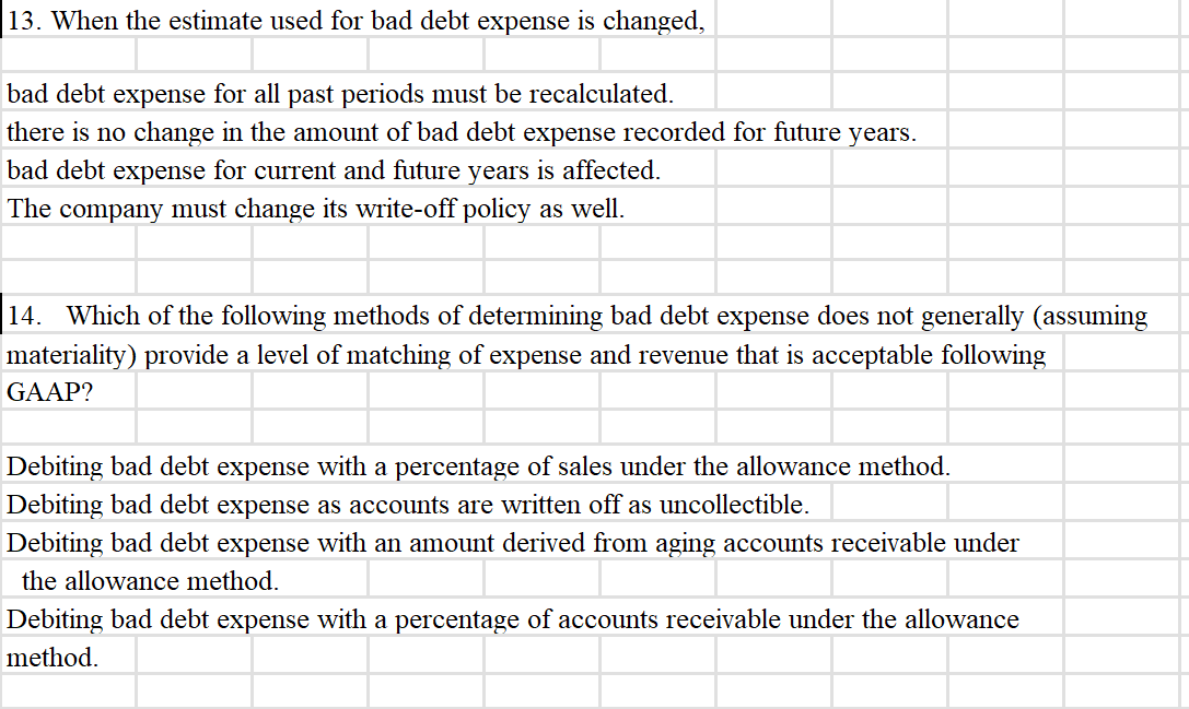 13. When the estimate used for bad debt expense is changed,
bad debt expense for all past periods must be recalculated.
there is no change in the amount of bad debt expense recorded for future years.
bad debt expense for current and future years is affected.
The company must change its write-off policy as well.
14. Which of the following methods of determining bad debt expense does not generally (assuming
materiality) provide a level of matching of expense and revenue that is acceptable following
GAAP?
Debiting bad debt expense with a percentage of sales under the allowance method.
Debiting bad debt expense as accounts are written off as uncollectible.
Debiting bad debt expense with an amount derived from aging accounts receivable under
the allowance method.
Debiting bad debt expense with a percentage of accounts receivable under the allowance
method.