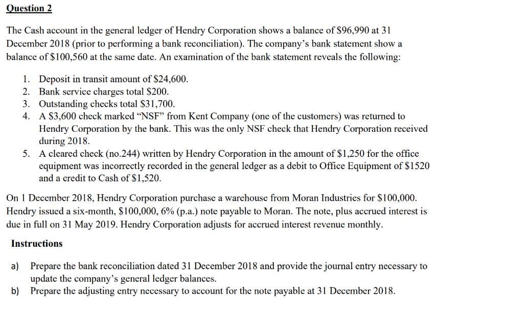 Question 2
The Cash account in the general ledger of Hendry Corporation shows a balance of $96,990 at 31
December 2018 (prior to performing a bank reconciliation). The company's bank statement show a
balance of $100,560 at the same date. An examination of the bank statement reveals the following:
1. Deposit in transit amount of $24,600.
2. Bank service charges total $200.
3. Outstanding checks total $31,700.
4. A $3,600 check marked "NSF" from Kent Company (one of the customers) was returned to
Hendry Corporation by the bank. This was the only NSF check that Hendry Corporation received
during 2018.
5. A cleared check (no.244) written by Hendry Corporation in the amount of $1,250 for the office
equipment was incorrectly recorded in the general ledger as a debit to Office Equipment of $1520
and a credit to Cash of $1,520.
On 1 December 2018, Hendry Corporation purchase a warehouse from Moran Industries for $100,000.
Hendry issued a six-month, $100,000, 6% (p.a.) note payable to Moran. The note, plus accrued interest is
due in full on 31 May 2019. Hendry Corporation adjusts for accrued interest revenue monthly.
Instructions
a) Prepare the bank reconciliation dated 31 December 2018 and provide the journal entry necessary to
update the company's general ledger balances.
b) Prepare the adjusting entry necessary to account for the note payable at 31 December 2018.
