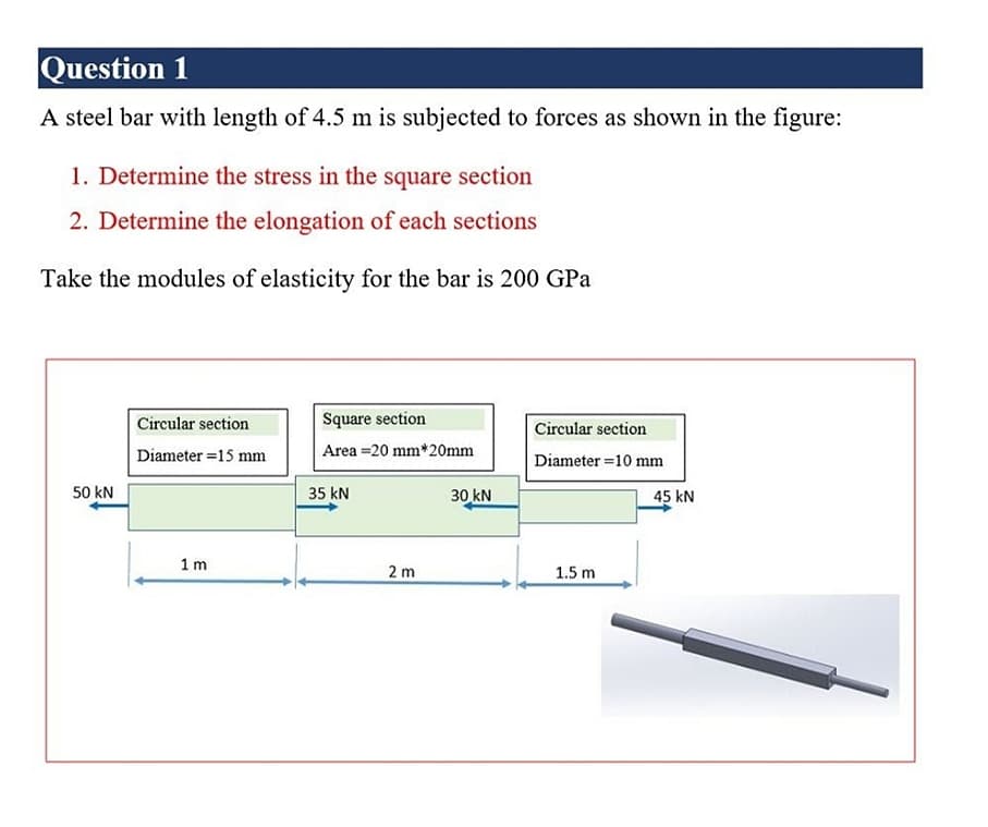 Question 1
A steel bar with length of 4.5 m is subjected to forces as shown in the figure:
1. Determine the stress in the square section
2. Determine the elongation of each sections
Take the modules of elasticity for the bar is 200 GPa
Circular section
Square section
Circular section
Diameter =15 mm
Area =20 mm*20mm
Diameter =10 mm
50 kN
35 kN
30 kN
45 kN
1 m
2 m
1.5 m
