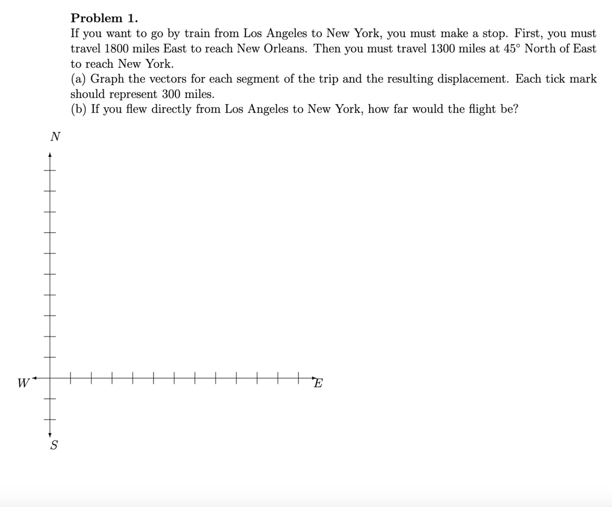 W
N
Problem 1.
If you want to go by train from Los Angeles to New York, you must make a stop. First, you must
travel 1800 miles East to reach New Orleans. Then you must travel 1300 miles at 45° North of East
to reach New York.
(a) Graph the vectors for each segment of the trip and the resulting displacement. Each tick mark
should represent 300 miles.
(b) If you flew directly from Los Angeles to New York, how far would the flight be?
E
