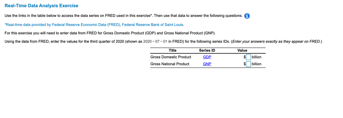 Real-Time Data Analysis Exercise
Use the links in the table below to access the data series on FRED used in this exercise*. Then use that data to answer the following questions. 1
*Real-time data provided by Federal Reserve Economic Data (FRED), Federal Reserve Bank of Saint Louis.
For this exercise you will need to enter data from FRED for Gross Domestic Product (GDP) and Gross National Product (GNP).
Using the data from FRED, enter the values for the third quarter of 2020 (shown as 2020 – 07 - 01 in FRED) for the following series IDs. (Enter your answers exactly as they appear on FRED.)
Title
Series ID
Value
Gross Domestic Product
GDP
$
billion
Gross National Product
GNP
$
billion
