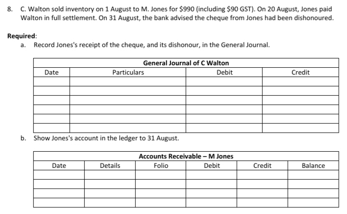 8. C. Walton sold inventory on 1 August to M. Jones for $990 (including $90 GST). On 20 August, Jones paid
Walton in full settlement. On 31 August, the bank advised the cheque from Jones had been dishonoured.
Required:
a. Record Jones's receipt of the cheque, and its dishonour, in the General Journal.
General Journal of C Walton
Date
Particulars
Debit
Credit
b. Show Jones's account in the ledger to 31 August.
Accounts Receivable – M Jones
Date
Details
Folio
Debit
Credit
Balance
