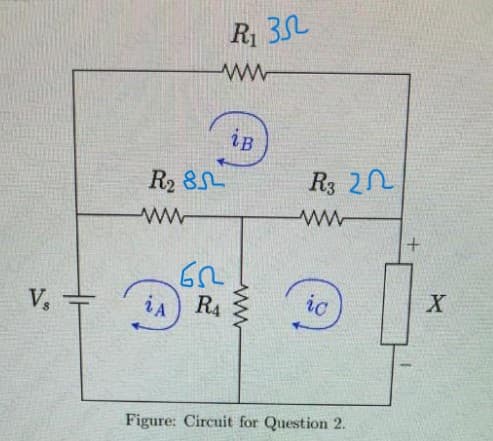 Vs
R₁3
www
R₂ 85
ww
бы
2A RA
iB
R3 20
ww
ic
Figure: Circuit for Question 2.
X