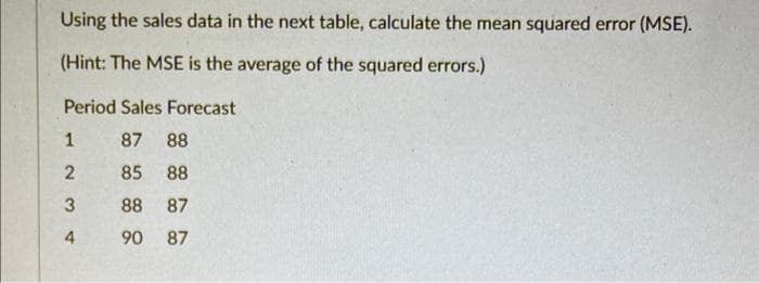 Using the sales data in the next table, calculate the mean squared error (MSE).
(Hint: The MSE is the average of the squared errors.)
Period Sales Forecast
87 88
85 88
88 87
90 87
1
2
3
4