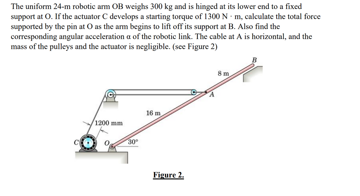 The uniform 24-m robotic arm OB weighs 300 kg and is hinged at its lower end to a fixed
support at O. If the actuator C develops a starting torque of 1300 N· m, calculate the total force
supported by the pin at O as the arm begins to lift off its support at B. Also find the
corresponding angular acceleration a of the robotic link. The cable at A is horizontal, and the
mass of the pulleys and the actuator is negligible. (see Figure 2)
1200 mm
30°
16 m
Figure 2.
8 m
B