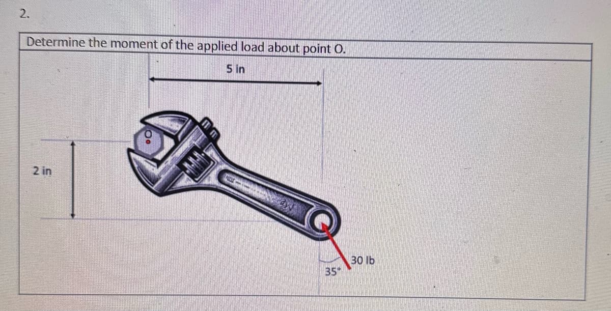 2.
Determine the moment of the applied load about point O.
5 in
2 in
I'm
35
30 lb