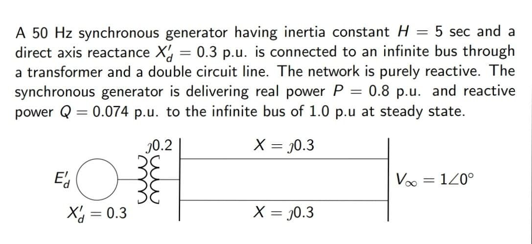 A 50 Hz synchronous generator having inertia constant H = 5 sec and a
direct axis reactance X, = 0.3 p.u. is connected to an infinite bus through
a transformer and a double circuit line. The network is purely reactive. The
synchronous generator is delivering real power P
power Q = 0.074 p.u. to the infinite bus of 1.0 p.u at steady state.
0.8 p.u. and reactive
%3D
70.2
X = J0.3
E's
Voo = 120°
X = 0.3
X = J0.3
