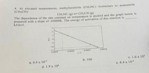 A elevated temperatures, methylisonitrile (CHINC) isomerizes to acetonitrile
(CHICN):
CH₂NC (g) CHICN)
The dependence of the rate constant on temperature is studied and the graph below is
prepared with a slope of -20000K. The energy of activation of this reaction is
kl/mol.
a. 4.4 x 10¹
d. 1.9 x 10
BIO
b. 166
FLANTES
c. 1.6 x 10³
c. 4.4 x 104