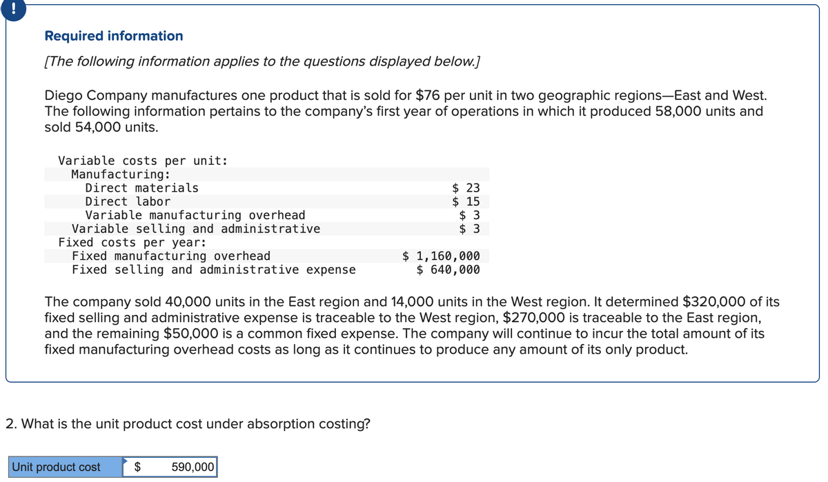Required information
[The following information applies to the questions displayed below.]
Diego Company manufactures one product that is sold for $76 per unit in two geographic regions-East and West.
The following information pertains to the company's first year of operations in which it produced 58,000 units and
sold 54,000 units.
Variable costs per unit:
Manufacturing:
Direct materials
Direct labor
Variable manufacturing overhead
Variable selling and administrative
Fixed costs per year:
Fixed manufacturing overhead
Fixed selling and administrative expense
2. What is the unit product cost under absorption costing?
The company sold 40,000 units in the East region and 14,000 units in the West region. It determined $320,000 of its
fixed selling and administrative expense is traceable to the West region, $270,000 is traceable to the East region,
and the remaining $50,000 is a common fixed expense. The company will continue to incur the total amount of its
fixed manufacturing overhead costs as long as it continues to produce any amount of its only product.
Unit product cost
$
$ 23
$15
$ 3
$ 3
590,000
$ 1,160,000
$ 640,000