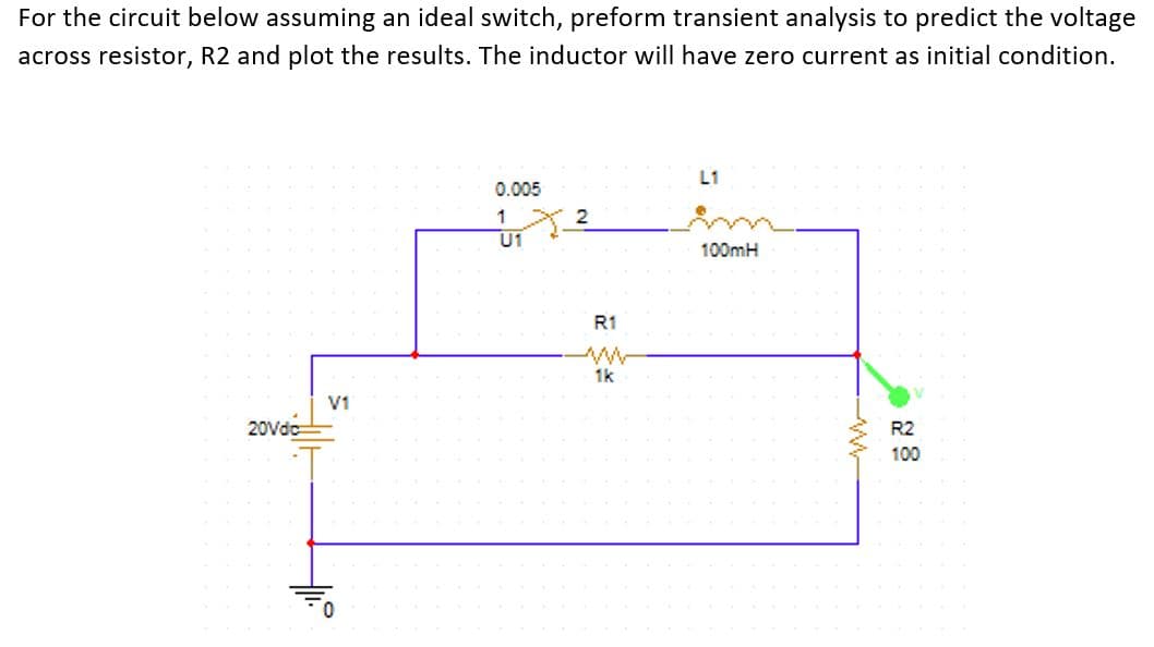 For the circuit below assuming an ideal switch, preform transient analysis to predict the voltage
across resistor, R2 and plot the results. The inductor will have zero current as initial condition.
L1
0.005
2
U1
100mH
R1
1k
V1
20Vdc
R2
100
