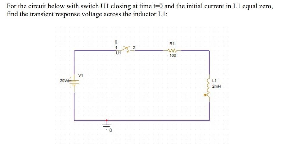 For the circuit below with switch U1 closing at time t-0 and the initial current in L1 equal zero,
find the transient response voltage across the inductor L1:
R1
U1
100
V1
20Vde
L1
2mH
