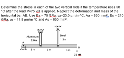 Determine the stress in each of the two vertical rods if the temperature rises 50
*C after the load P=75 KN is applied. Neglect the deformation and mass of the
horizontal bar AB. Use Ea = 75 GPa, as=23.0 um/m-°C, Aa = 850 mm2, Es = 210
GPa, as = 11.9 um/m°C and As = 650 mm² .
Steel
Aluminum
2.5m
3m
B
3m
3m
3m
75 kN
