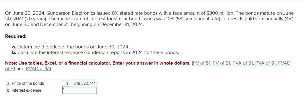 On June 30, 2024, Gunderson Electronics issued 8% stated rate bonds with a face amount of $300 million. The bonds mature on June
30, 2041 (20 years). The market rate of interest for similar bond issues was 10% (5% semiannual rate). Interest is paid semiannually (4%)
on June 30 and December 31, beginning on December 31, 2024.
Required:
a. Determine the price of the bonds on June 30, 2024.
b. Calculate the interest expense Gunderson reports in 2024 for these bonds.
Note: Use tables, Excel, or a financial calculator. Enter your answer in whole dollars. (FV of $1, PV of $1, FVA of $1, PVA of $1, FVAD
of $1 and PVAD of $1)
a. Price of the bonds
b. Interest expense
$ 248,522,741