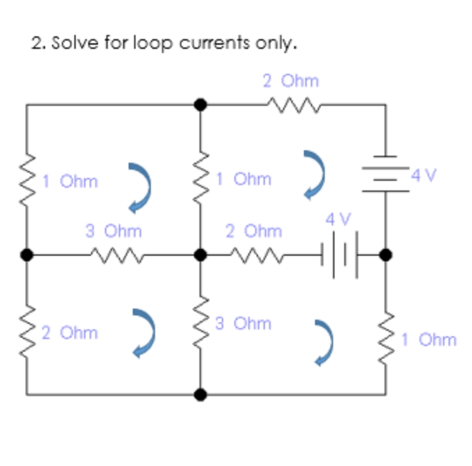 2. Solve for loop currents only.
2 Ohm
1 Ohm
1 Ohm
4 V
4 V
3 Ohm
2 Ohm
3 Ohm
2 Ohm
1 Ohm
