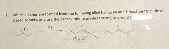 1. Which alkenes are formed from the following alkyl halide by an E1 reaction? Include all
stereoisomers,
and use the Zaitsev rule to predict the major product.
E1
Major