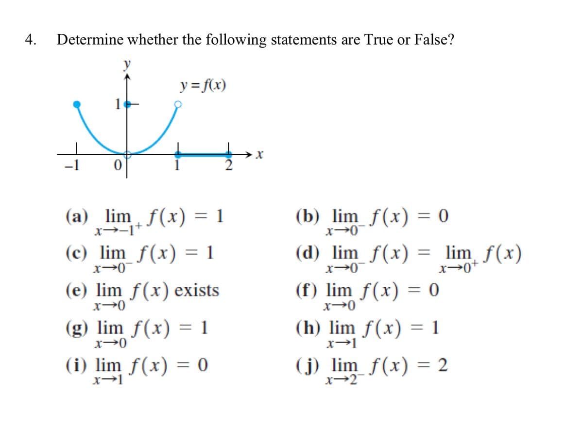 4. Determine whether the following statements are True or False?
y
y = f(x)
(b) lim f(x) = 0
x→0
(d) lim_f(x) = lim_ f(x)
x→0
(f) lim f(x) = 0
x-0
(h) lim f(x) = 1
x→1
(j) lim f(x) = 2
x→2
1
0
2
x →~_~ 7 + √(x) = 1
(a)
(c) lim f(x) = 1
x→0
(e) lim f(x) exists
x→0
(g) lim f(x) = 1
x-0
(i) lim f(x) = 0
x→1
X
x→0+