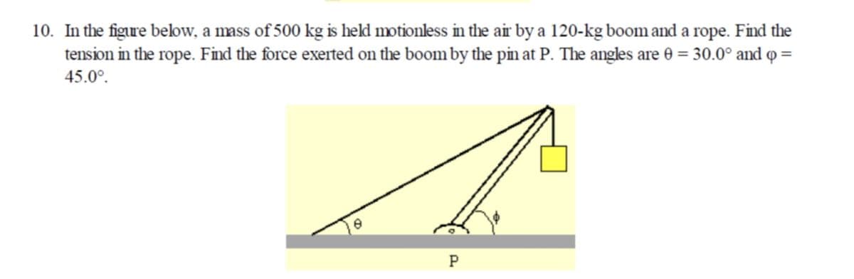 10. In the figure below, a mass of 500 kg is held motionless in the air by a 120-kg boom and a rope. Find the
tension in the rope. Find the force exerted on the boom by the pin at P. The angles are 0 = 30.0° and o =
45.0°.
P
