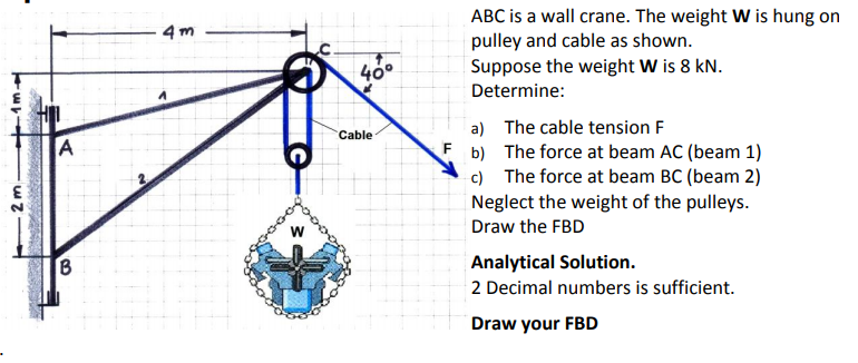 4m
ABC is a wall crane. The weight W is hung on
pulley and cable as shown.
Suppose the weight W is 8 kN.
40
Determine:
A
a) The cable tension F
F b) The force at beam AC (beam 1)
c) The force at beam BC (beam 2)
Neglect the weight of the pulleys.
Cable
rooo
Draw the FBD
Analytical Solution.
2 Decimal numbers is sufficient.
Draw your FBD
