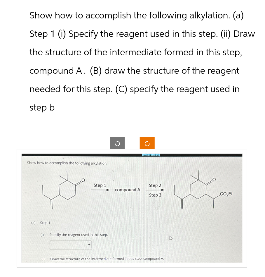 Show how to accomplish the following alkylation. (a)
Step 1 (i) Specify the reagent used in this step. (ii) Draw
the structure of the intermediate formed in this step,
compound A. (B) draw the structure of the reagent
needed for this step. (C) specify the reagent used in
step b
C
Show how to accomplish the following alkylation.
[References]
Step 1
Step 2
compound A
Step 3
CO₂Et
(a) Step 1
(i) Specify the reagent used in this step.
(ii)
Draw the structure of the intermediate formed in this step, compound A.
1