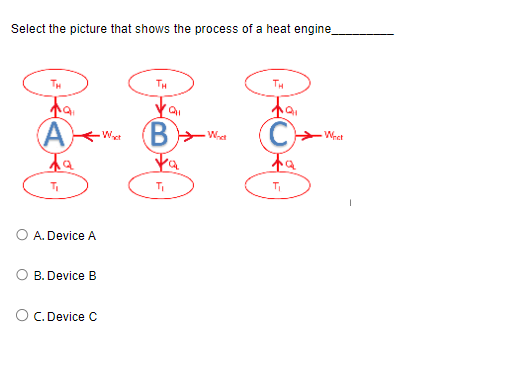 Select the picture that shows the process of a heat engine_
West
蛋蛋蛋
O A. Device A
O B. Device B
O C. Device C