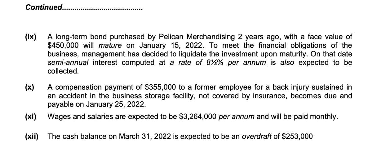 Continued.....
..... ...
A long-term bond purchased by Pelican Merchandising 2 years ago, with a face value of
$450,000 will mature on January 15, 2022. To meet the financial obligations of the
business, management has decided to liquidate the investment upon maturity. On that date
semi-annual interest computed at a rate of 8½% per annum is also expected to be
collected.
(ix)
A compensation payment of $355,000 to a former employee for a back injury sustained in
an accident in the business storage facility, not covered by insurance, becomes due and
payable on January 25, 2022.
(x)
(xi)
Wages and salaries are expected to be $3,264,000 per annum and will be paid monthly.
(xii) The cash balance on March 31, 2022 is expected to be an overdraft of $253,000
