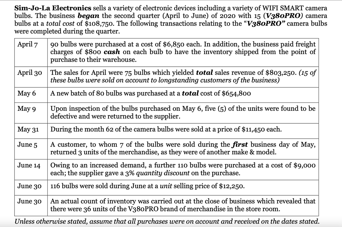 Sim-Jo-La Electronics sells a variety of electronic devices including a variety of WIFI SMART camera
bulbs. The business began the second quarter (April to June) of 2020 with 15 (V380PRO) camera
bulbs at a total cost of $108,750. The following transactions relating to the "V380PRO" camera bulbs
were completed during the quarter.
April 7
90 bulbs were purchased at a cost of $6,850 each. In addition, the business paid freight
charges of $8o0 cash on each bulb to have the inventory shipped from the point of
purchase to their warehouse.
April 30 The sales for April were 75 bulbs which yielded total sales revenue of $803,250. (15 of
these bulbs were sold on account to longstanding customers of the business)
May 6
A new batch of 80 bulbs was purchased at a total cost of $654,800
Upon inspection of the bulbs purchased on May 6, five (5) of the units were found to be
defective and were returned to the supplier.
May 9
May 31
During the month 62 of the camera bulbs were sold at a price of $11,45o each.
A customer, to whom 7 of the bulbs were sold during the first business day of May,
returned 3 units of the merchandise, as they were of another make & model.
June 5
June 14
Owing to an increased demand, a further 110 bulbs were purchased at a cost of $9,000
each; the supplier gave a 3% quantity discount on the purchase.
June 30
116 bulbs were sold during June at a unit selling price of $12,250.
June 30
An actual count of inventory was carried out at the close of business which revealed that
there were 36 units of the V380PRO brand of merchandise in the store room.
Unless otherwise stated, assume that all purchases were on account and received on the dates stated.
