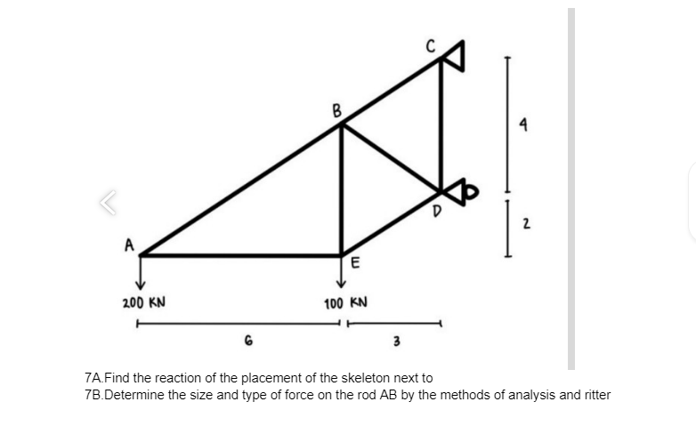 B
4
A
E
200 KN
100 KN
3
7A.Find the reaction of the placement of the skeleton next to
7B.Determine the size and type of force on the rod AB by the methods of analysis and ritter
2.
