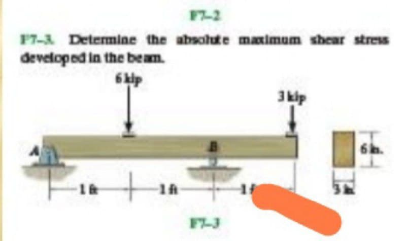 F7-2
P7-3 Determine the absolute maximum shear stress
developed in the beam.
3kip
61h.
F-3
