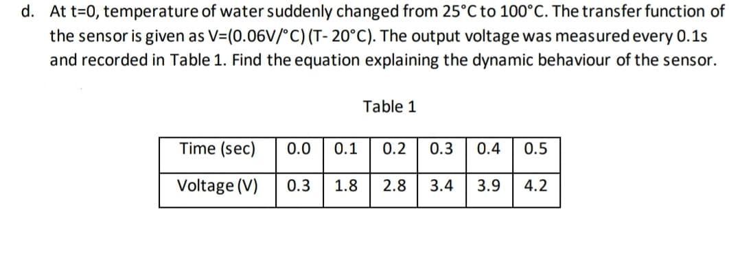 d. At t=0, temperature of water suddenly changed from 25°C to 100°C. The transfer function of
the sensor is given as V=(0.06V/°C) (T- 20°C). The output voltage was measured every 0.1s
and recorded in Table 1. Find the equation explaining the dynamic behaviour of the sensor.
Table 1
Time (sec)
0.0
0.1
0.2
0.3
0.4
0.5
Voltage (V)
0.3
1.8
2.8
3.4
3.9
4.2
