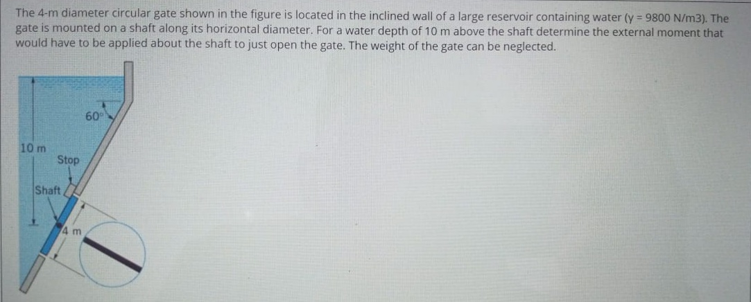 The 4-m diameter circular gate shown in the figure is located in the inclined wall of a large reservoir containing water (y = 9800 N/m3). The
gate is mounted on a shaft along its horizontal diameter. For a water depth of 10 m above the shaft determine the external moment that
would have to be applied about the shaft to just open the gate. The weight of the gate can be neglected.
60°
10 m
Stop
Shaft
Am
