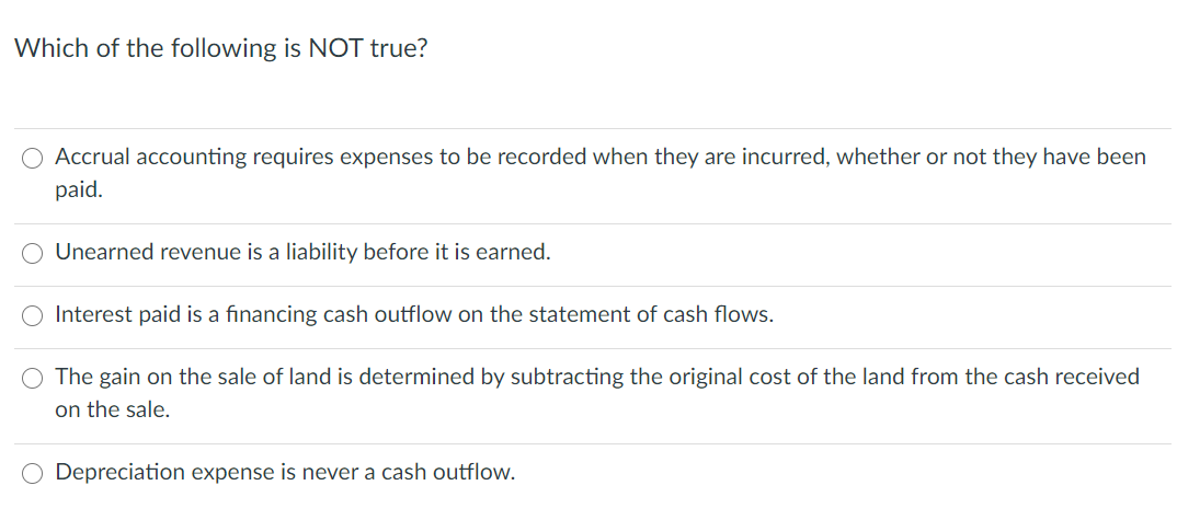 Which of the following is NOT true?
Accrual accounting requires expenses to be recorded when they are incurred, whether or not they have been
paid.
O Unearned revenue is a liability before it is earned.
Interest paid is a financing cash outflow on the statement of cash flows.
O The gain on the sale of land is determined by subtracting the original cost of the land from the cash received
on the sale.
Depreciation expense is never a cash outflow.

