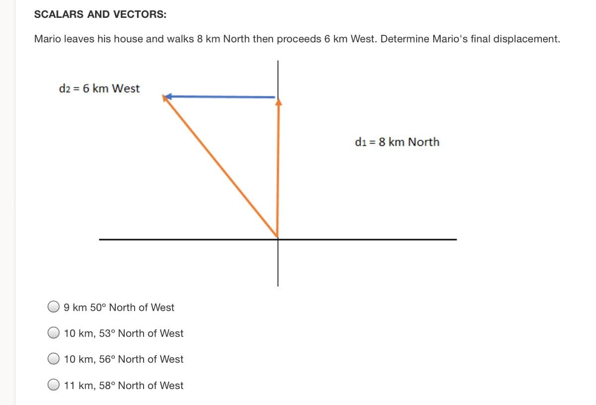 SCALARS AND VECTORS:
Mario leaves his house and walks 8 km North then proceeds 6 km West. Determine Mario's final displacement.
d2 = 6 km West
di = 8 km North
9 km 50° North of West
10 km, 53° North of West
10 km, 56° North of West
11 km, 58° North of West
