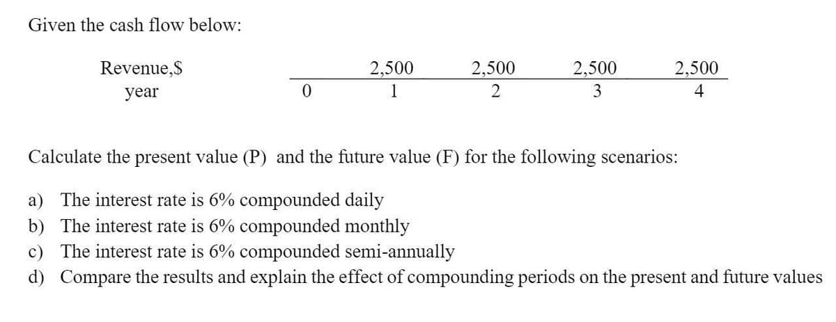 Given the cash flow below:
Revenue,$
2,500
2,500
2,500
2,500
year
1
3
4
Calculate the present value (P) and the future value (F) for the following scenarios:
a) The interest rate is 6% compounded daily
b) The interest rate is 6% compounded monthly
c) The interest rate is 6% compounded semi-annually
d) Compare the results and explain the effect of compounding periods on the present and future values
