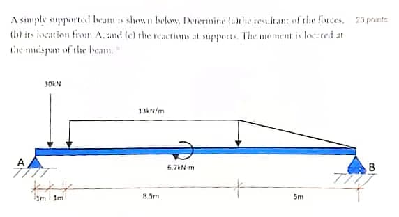 A simply supported lcam is shown below, Derermine (athe resultant of the forces, 20 pointe
(h) its location from A. and fe) the reactions at supports. The moment is located at
the midspan of the heam."
30KN
13kw/m
A
B
ア
6,7hN m
オイオ
im im
B.Sm
Sm
