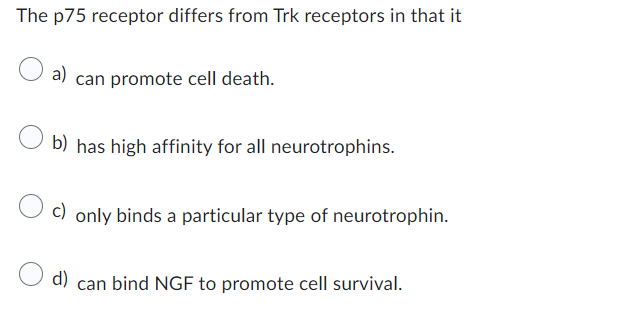The p75 receptor differs from Trk receptors in that it
a) can promote cell death.
b) has high affinity for all neurotrophins.
c) only binds a particular type of neurotrophin.
d)
can bind NGF to promote cell survival.