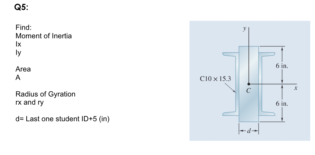 Q5:
Find:
Moment of Inertia
lx
ly
Area
A
Radius of Gyration
rx and ry
d= Last one student ID+5 (in)
C10 x 15.3
6 in.
|-a|
6 in.
x