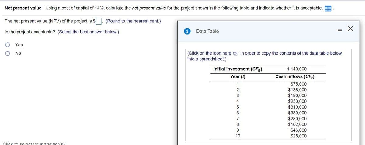 Net present value Using a cost of capital of 14%, calculate the net present value for the project shown in the following table and indicate whether it is acceptable,
The net present value (NPV) of the project is $
(Round to the nearest cent.)
Is the project acceptable? (Select the best answer below.)
Data Table
Yes
No
(Click on the icon here D in order to copy the contents of the data table below
into a spreadsheet.)
Initial investment (CF,)
1,140,000
Year (t)
Cash inflows (CF,)
$75,000
$138,000
$190,000
$250,000
$319,000
$380,000
$280,000
$102,000
$46,000
$25,000
1
2
4
7
9
10
Click to select vour answer(s)
