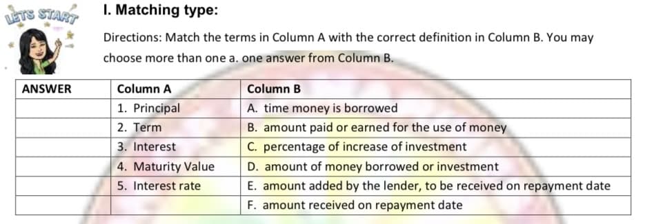 LETS START I. Matching type:
Directions: Match the terms in Column A with the correct definition in Column B. You may
choose more than one a. one answer from Column B.
ANSWER
Column A
Column B
1. Principal
A. time money is borrowed
2. Term
B. amount paid or earned for the use of money
3. Interest
C. percentage of increase of investment
4. Maturity Value
D. amount of money borrowed or investment
E. amount added by the lender, to be received on repayment date
F. amount received on repayment date
5. Interest rate
