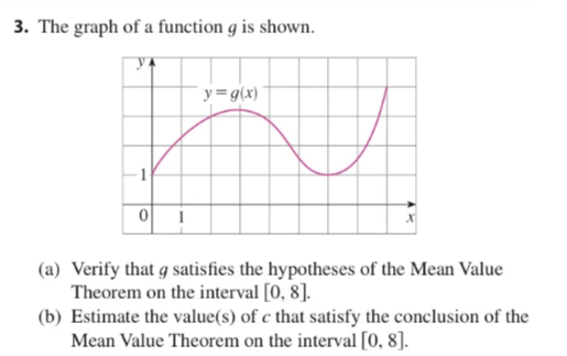 3. The graph of a function g is shown.
YA
y = g(x)
N
1
0
(a) Verify that g satisfies the hypotheses of the Mean Value
Theorem on the interval [0, 8].
(b) Estimate the value(s) of c that satisfy the conclusion of the
Mean Value Theorem on the interval [0, 8].