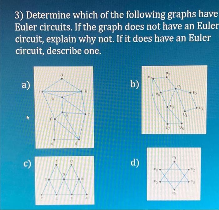 3) Determine which of the following graphs have
Euler circuits. If the graph does not have an Euler
circuit, explain why not. If it does have an Euler
circuit, describe one.
a)
c)
h
b)
d)
2
27 4
2/
15
V3
